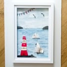 Lighthouse and Tall Ships Beachcombed Art from Cornwall