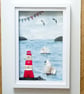 Lighthouse and Tall Ships Beachcombed Art from Cornwall