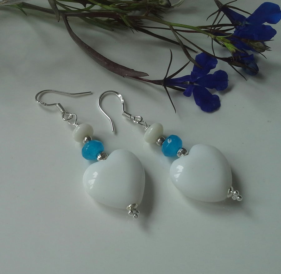 White Onyx Hearts,  Quartzite & White Coral Sterling Silver Earrings
