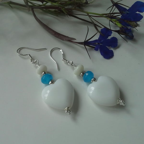 White Onyx Hearts,  Quartzite & White Coral Sterling Silver Earrings