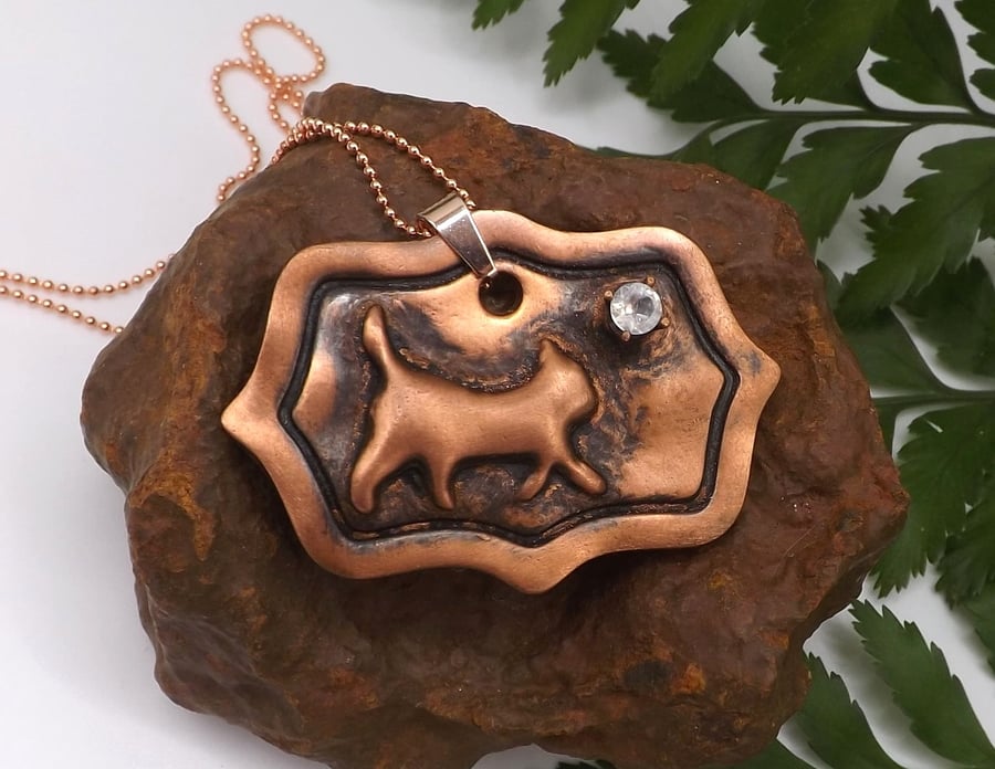 Recycled Copper Cat on Picture Frame Pendant with Rainbow Moonstone Necklace.