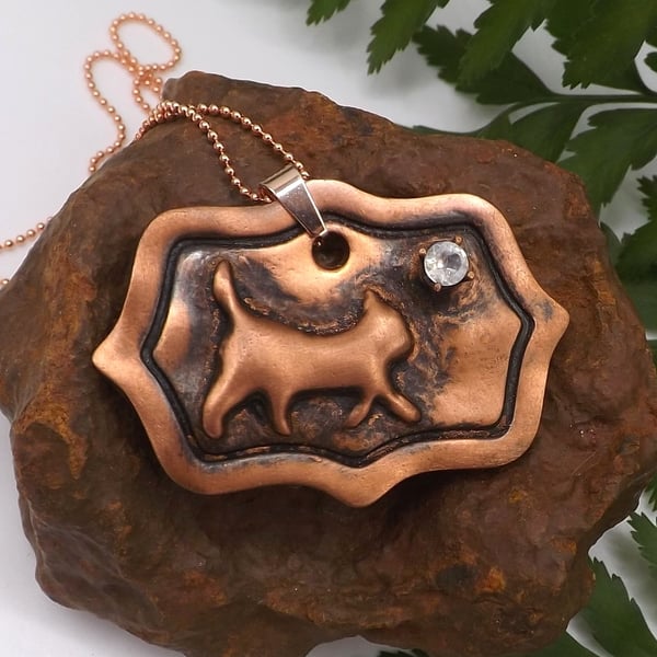 Recycled Copper Cat on Picture Frame Pendant with Rainbow Moonstone Necklace.