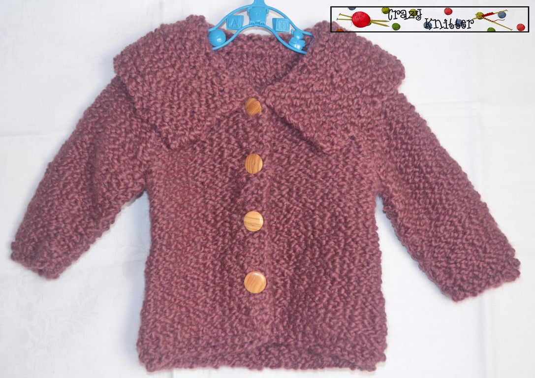 Hand Knitted Collared Baby Jacket Old Rose Alpaca Virgin Wool 12-18 months