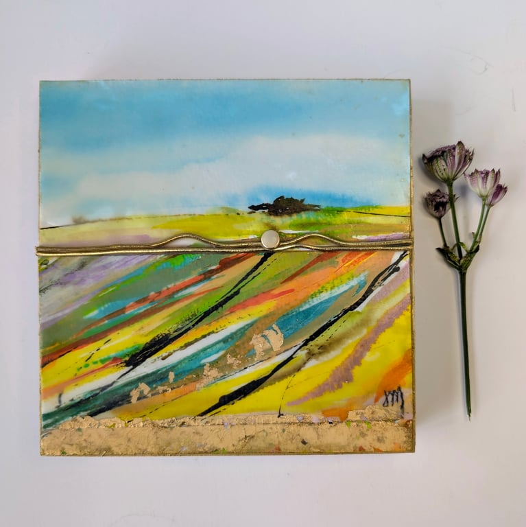 "Golden Tracks" is a mini mixed media artwork