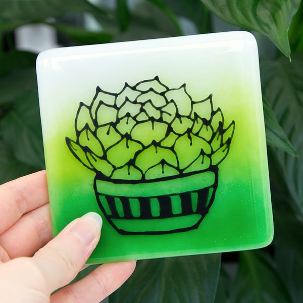 Fused Glass Plant Cactus Succulent Aloe Green Drinks Coaster