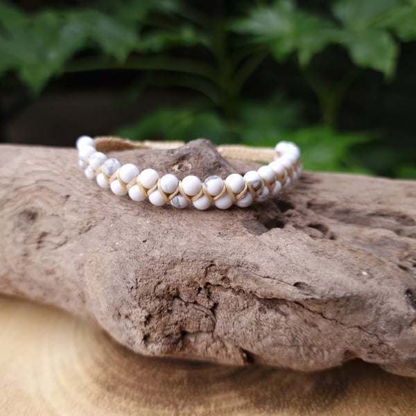 White Howlite Macrame Bracelet, Gemstone beaded bracelet 