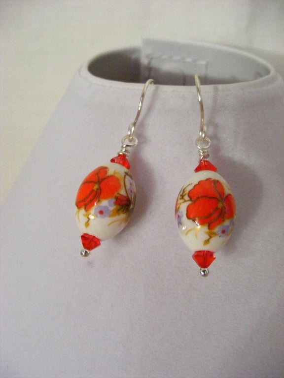 Handmade Red Flower Porcelain Earrings