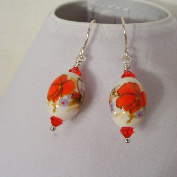 Handmade Red Flower Porcelain Earrings