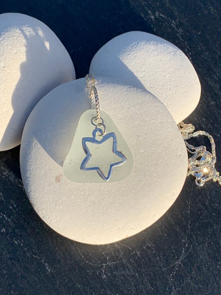 Sterling silver chain with white seaglass and silver star pendant