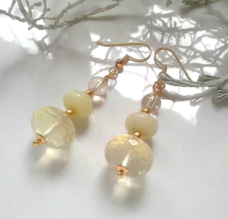 Designer Lemon Quartz & Yellow Chinese Jade Earrings  Gold Plated