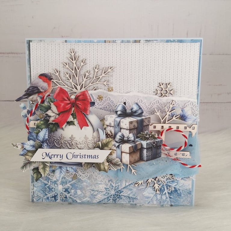 Handmade Christmas Card (38) Winter Scene with Gifts, Poinsettia & Snowflakes.