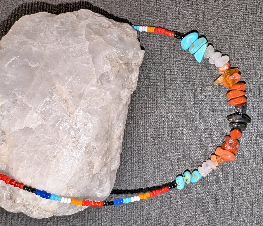 Turquoise Hematite and Quartz Necklace 