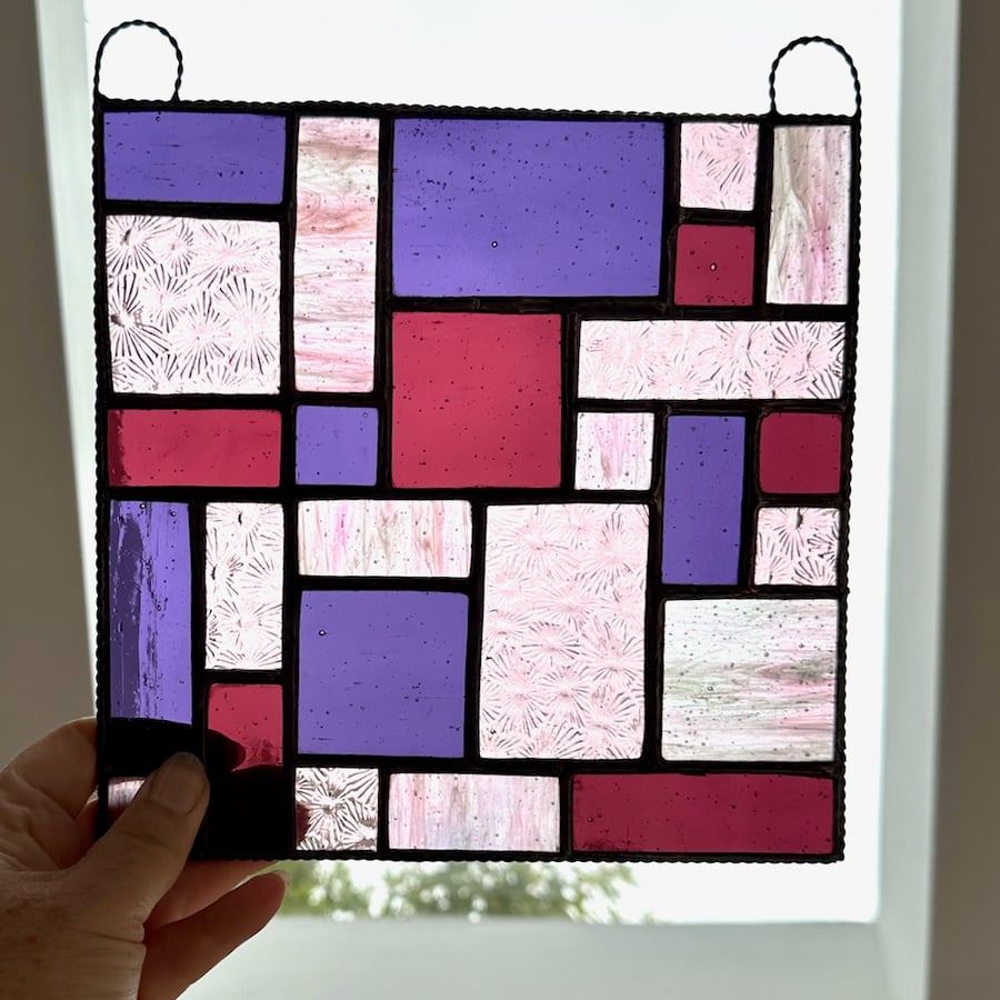 Stained Glass Panel Suncatcher - Handmade Window Decoration - Pink and Purple