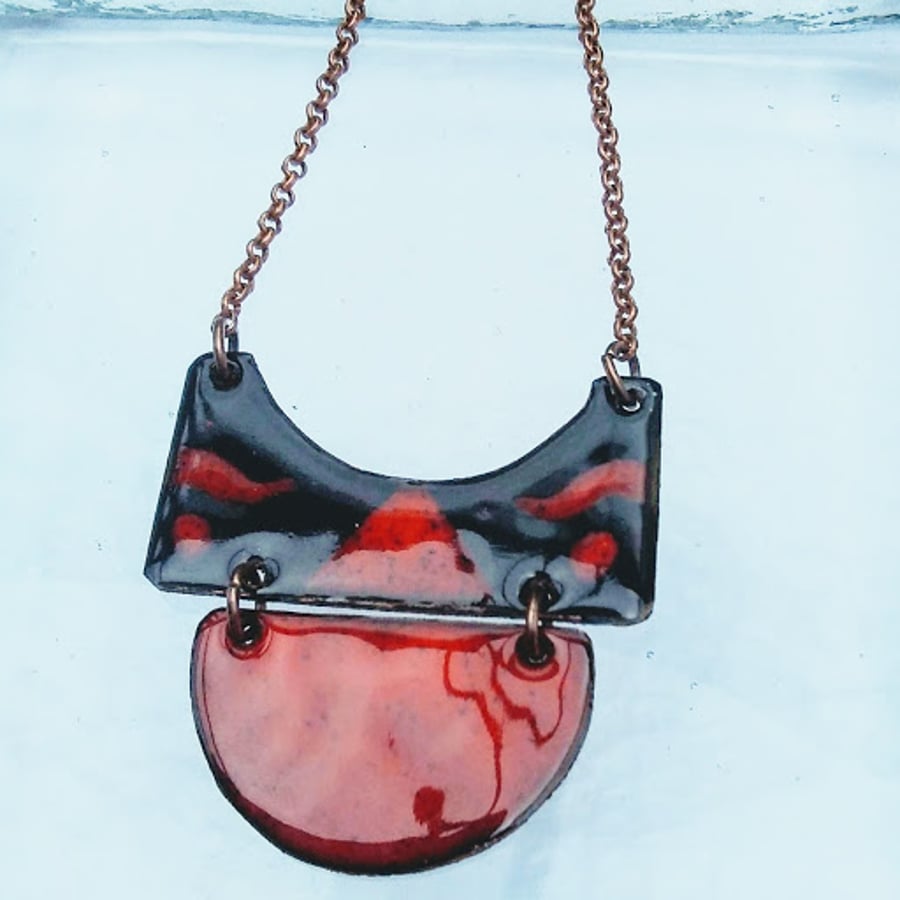 MODERN TRIBAL NECKLACE - SGRAFFITO ENAMELLED - RED & BLACK ON COPPER