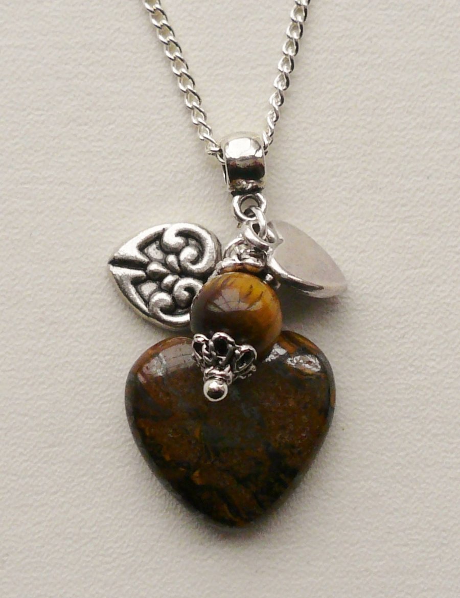 Tiger Eye and Tibetan Silver Heart Cluster Necklace      KCJ473