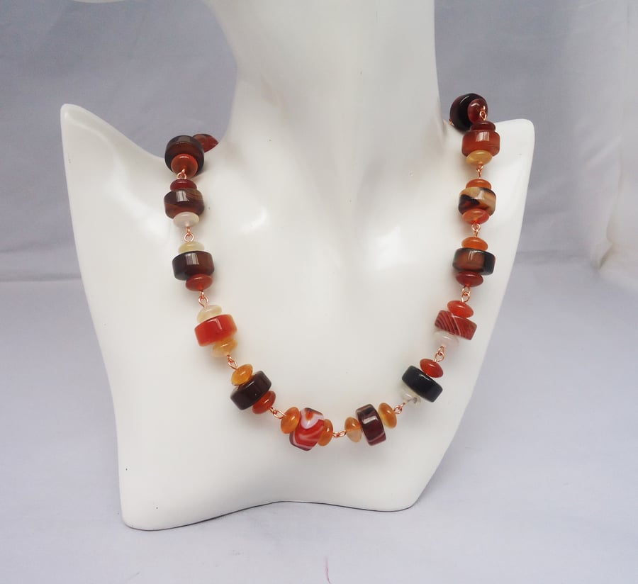Agate and Carnelian Necklace, Gemstone Necklace in Brown