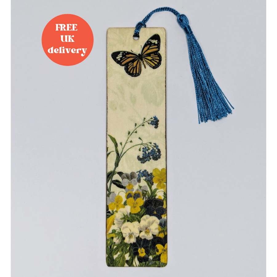 Wooden bookmark, butterfly and flowers design, gift for a nature lover