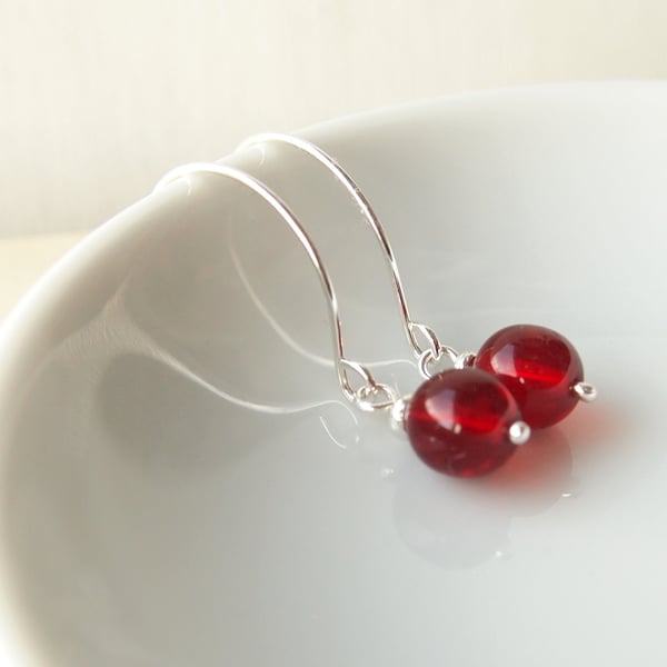 Red Hoop Earrings in Silver and Glass