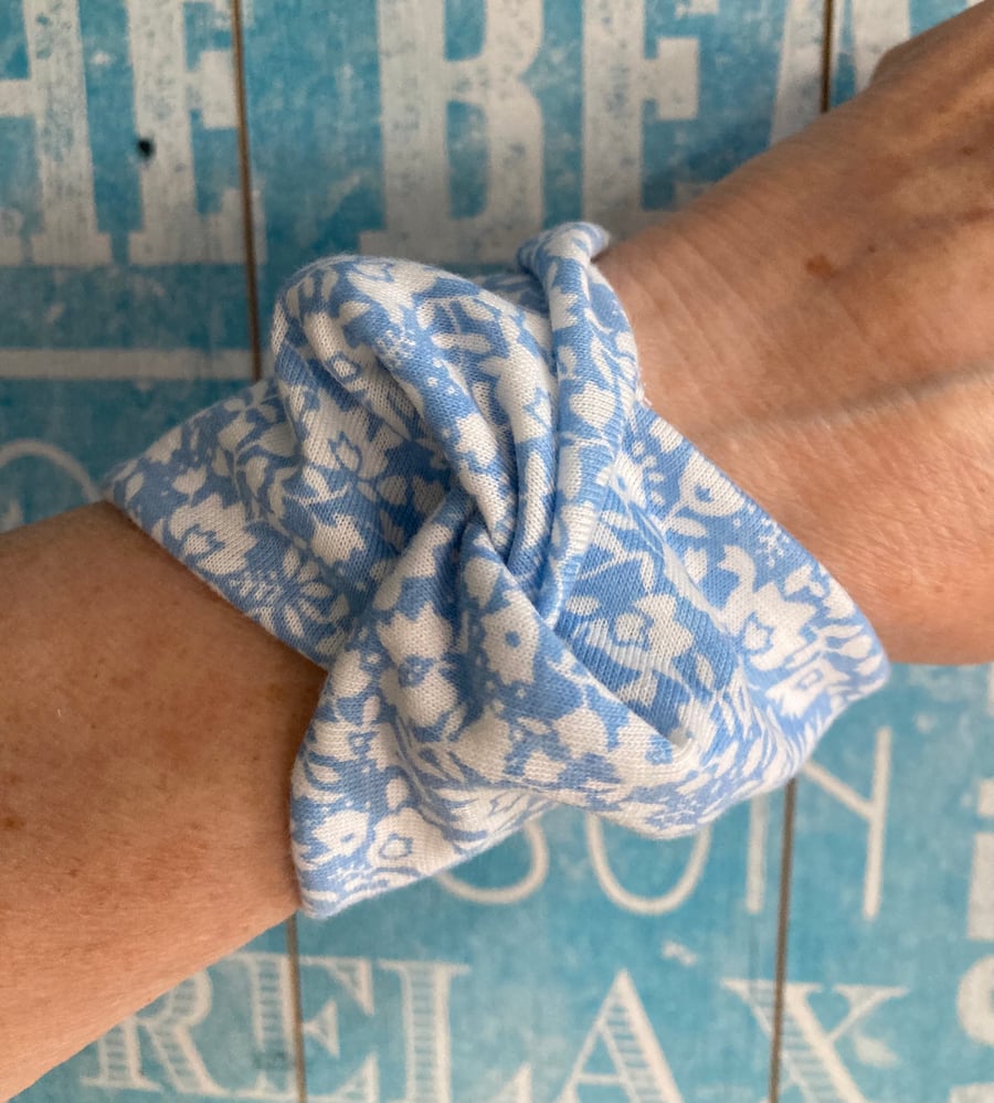Blue fabric bracelet, wrist covering for work, floral tattoo wrist cover up