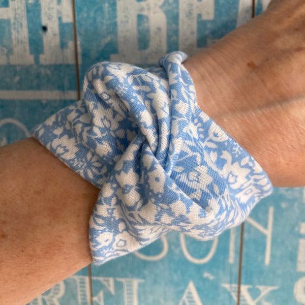 Blue fabric bracelet, wrist covering for work, floral tattoo wrist cover up