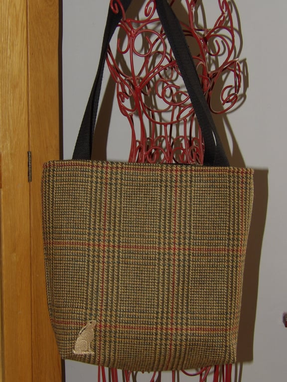 Tweed open tote bag with subtle hare embroidery 