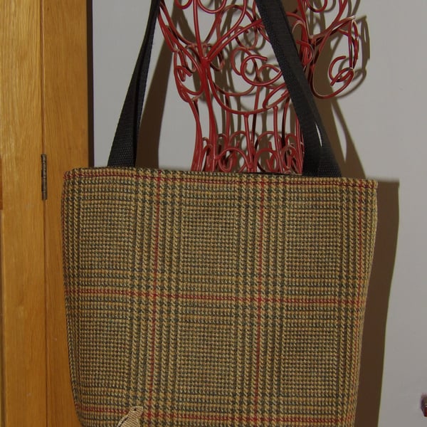 Tweed open tote bag with subtle hare embroidery 