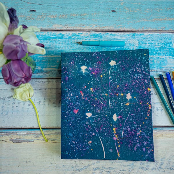 Spring Hand Bound Journal with Snowdrops and Dashes of Pink and Gold (Folksy017)