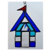 Beach Hut Suncatcher Stained Glass Blue Aqua 016