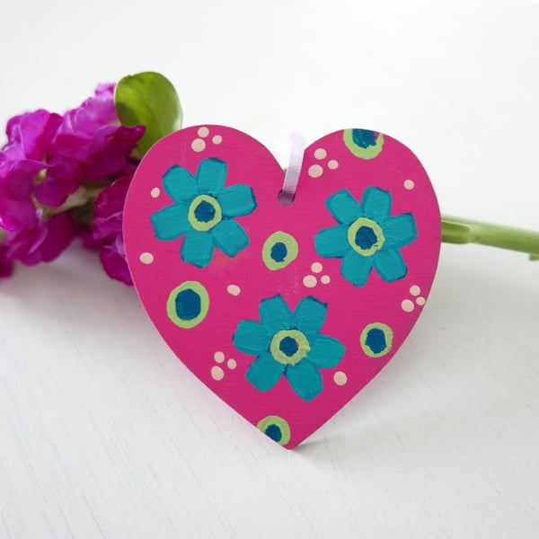 Turquoise Flowers Painting, Hanging Heart Decoration for Spring Decor and Easter