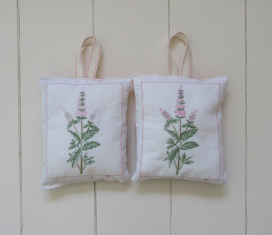 Embroidered English lavender bag - pink foxglove 