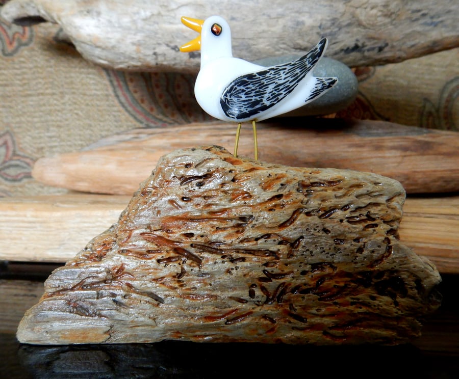 Handmade Fused Glass 'Seagull on Driftwood' ornament.