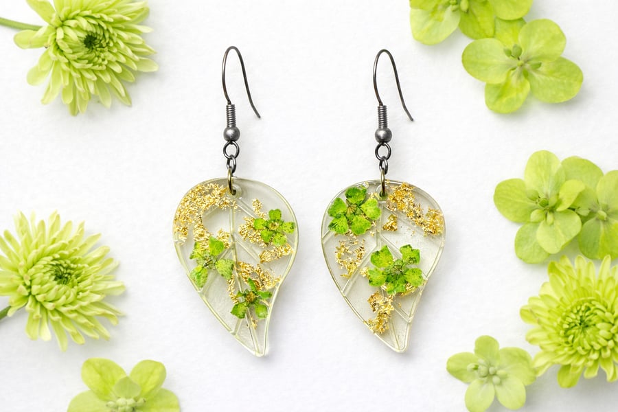 Leaf Resin Dangle Earrings with Real Green Flowers & Gold Leaf