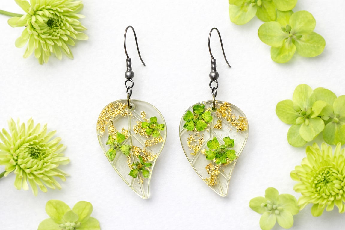 Leaf Resin Dangle Earrings with Real Green Flowers & Gold Leaf