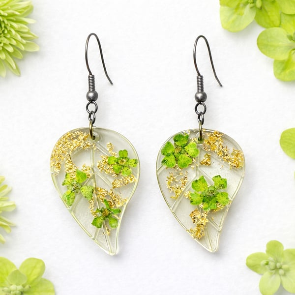 Leaf Resin Dangle Earrings with Real Green Flowers & Gold Leaf