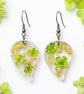 Leaf Resin Dangle Earrings with Real Green Flowers & Gold Leaf