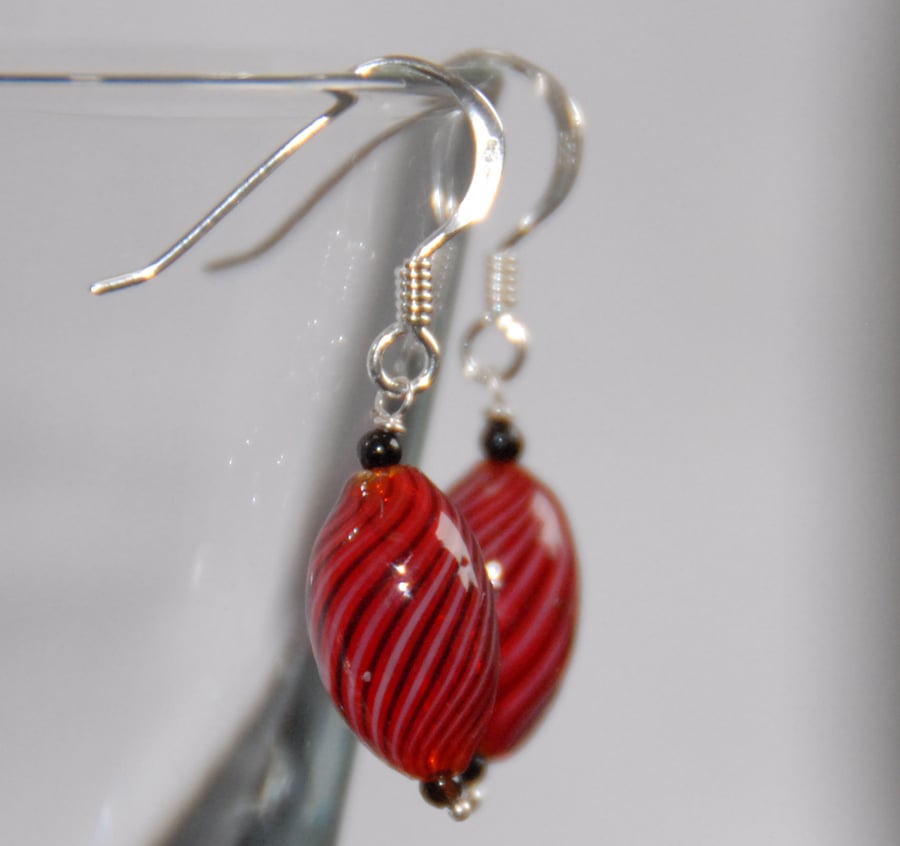blown glass and silver earrings - red with black twist