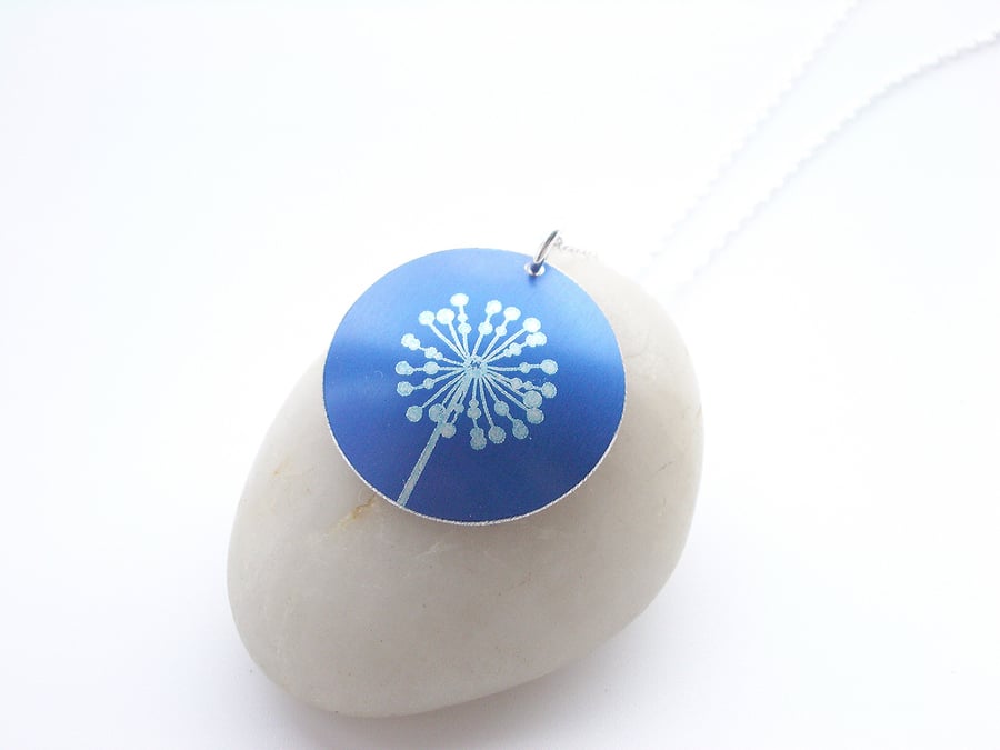 Dandelion necklace pendent in royal blue and silver