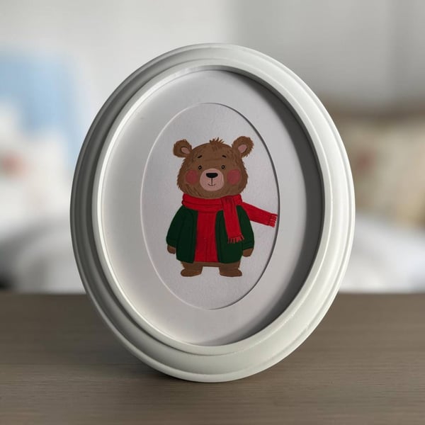 Hand Painted Bear Wall Art, Framed Oval Acrylic Cozy Winter Bear Nursery Decor