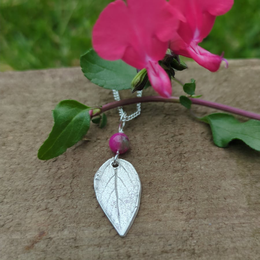 Blackcurrant sage leaf pendant with silver necklace