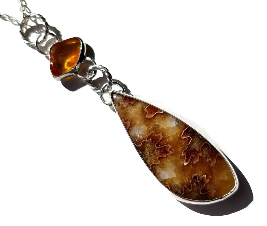 Suture Ammonite Necklace Amber with Insect Sterling Silver Jewellery Gift 925