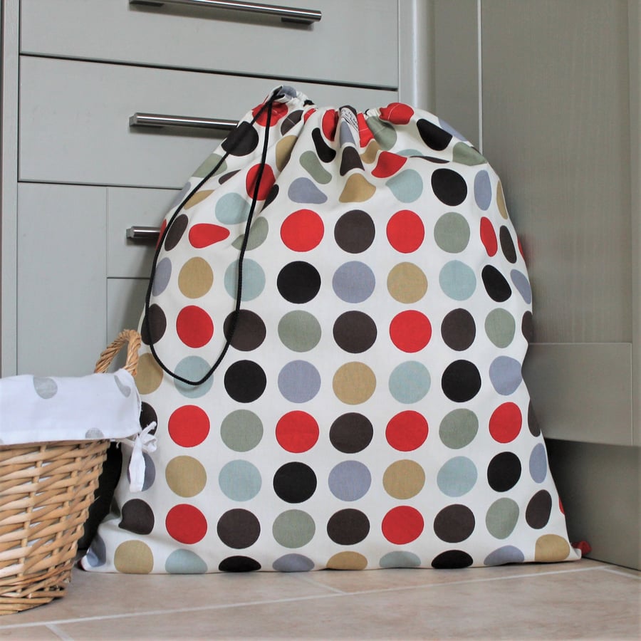 Fabric Laundry Bag in Red, Brown & Grey Spotty Print