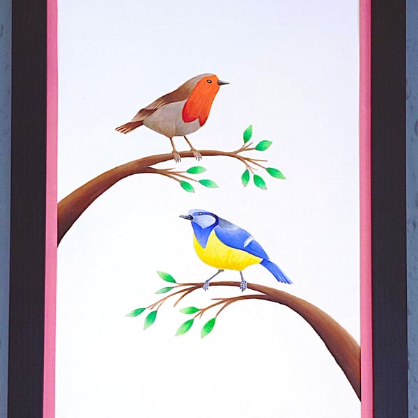 Made in UK Framed A3 Print Colourful Bluetit Red Robin Pink Border Wallart