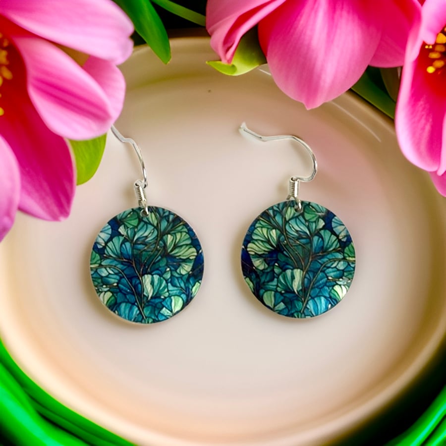 Ginkgo earrings, blue green discs dangle on sterling silver ear wires (828)