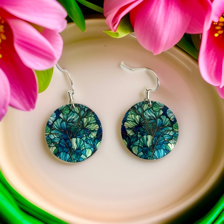 Ginkgo earrings, blue green discs dangle on sterling silver ear wires (828)