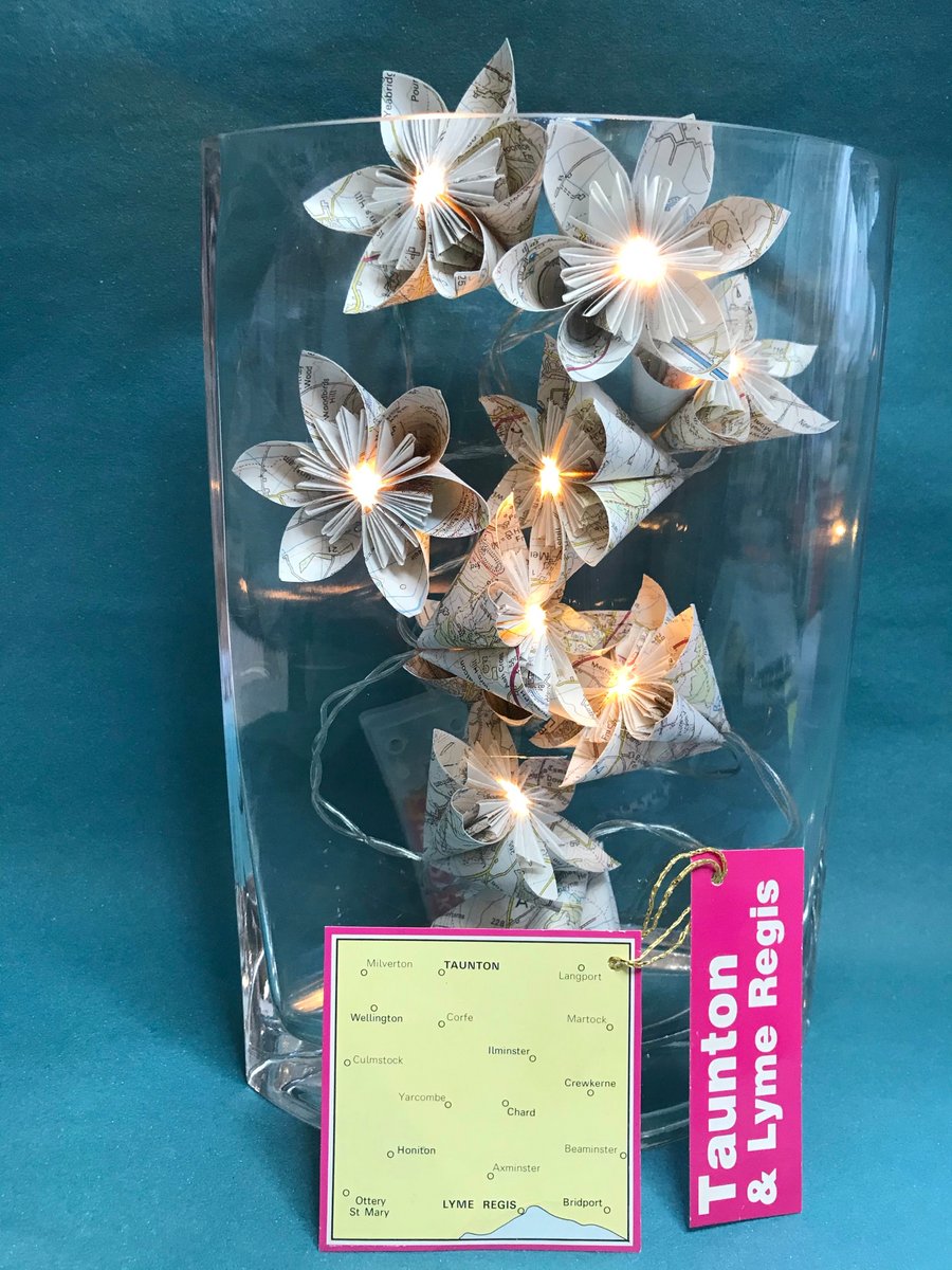 Vintage Map Paper Flower Fairy Lights - Taunton and Lyme Regis