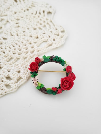 Handmade Polymer Clay Red Roses Brooch - Crimson Rose Wreath