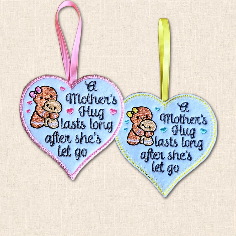 A Mother's Hug Heart Hanger - Embroidered Felt Hanging Decoration for Mum