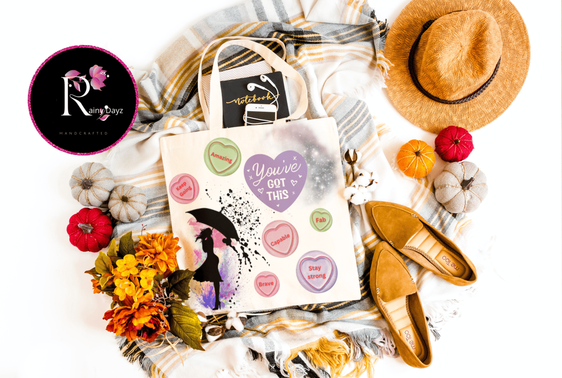 Glittery tote bag with positive affirmations 