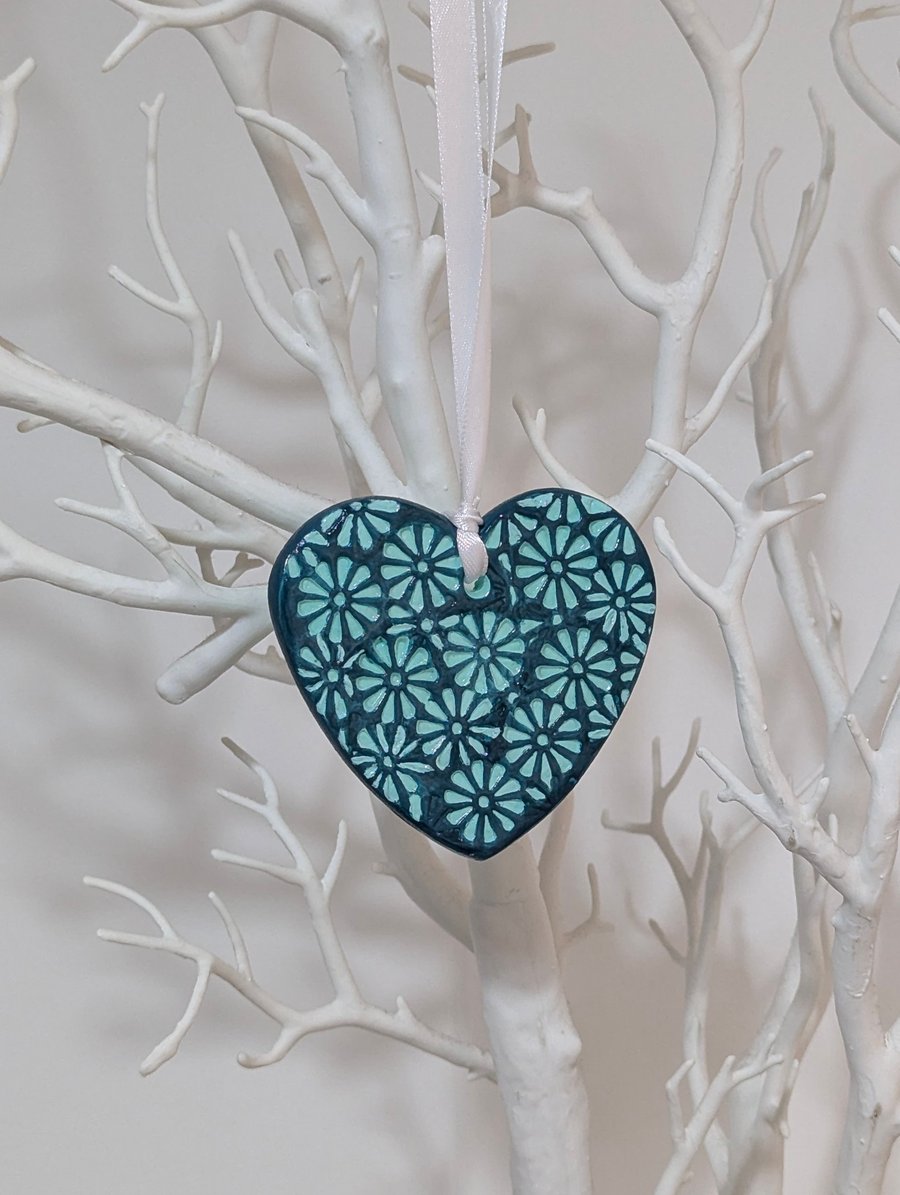 Clay heart hanging decoration, mint green, embossed with flowers