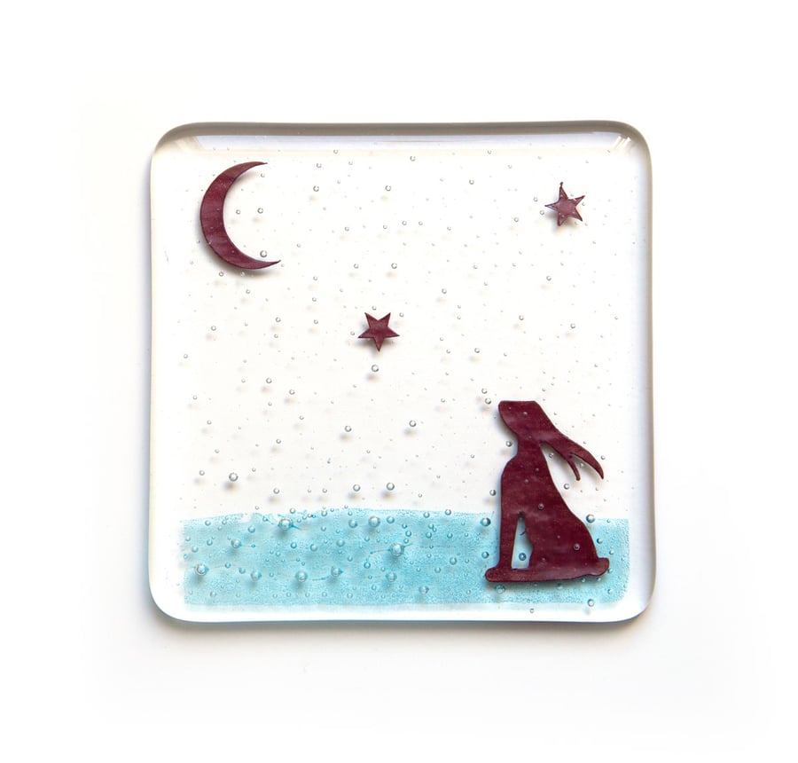 Hare Coaster, fused glass coaster, drink coaster, moongazing hare, nature lover